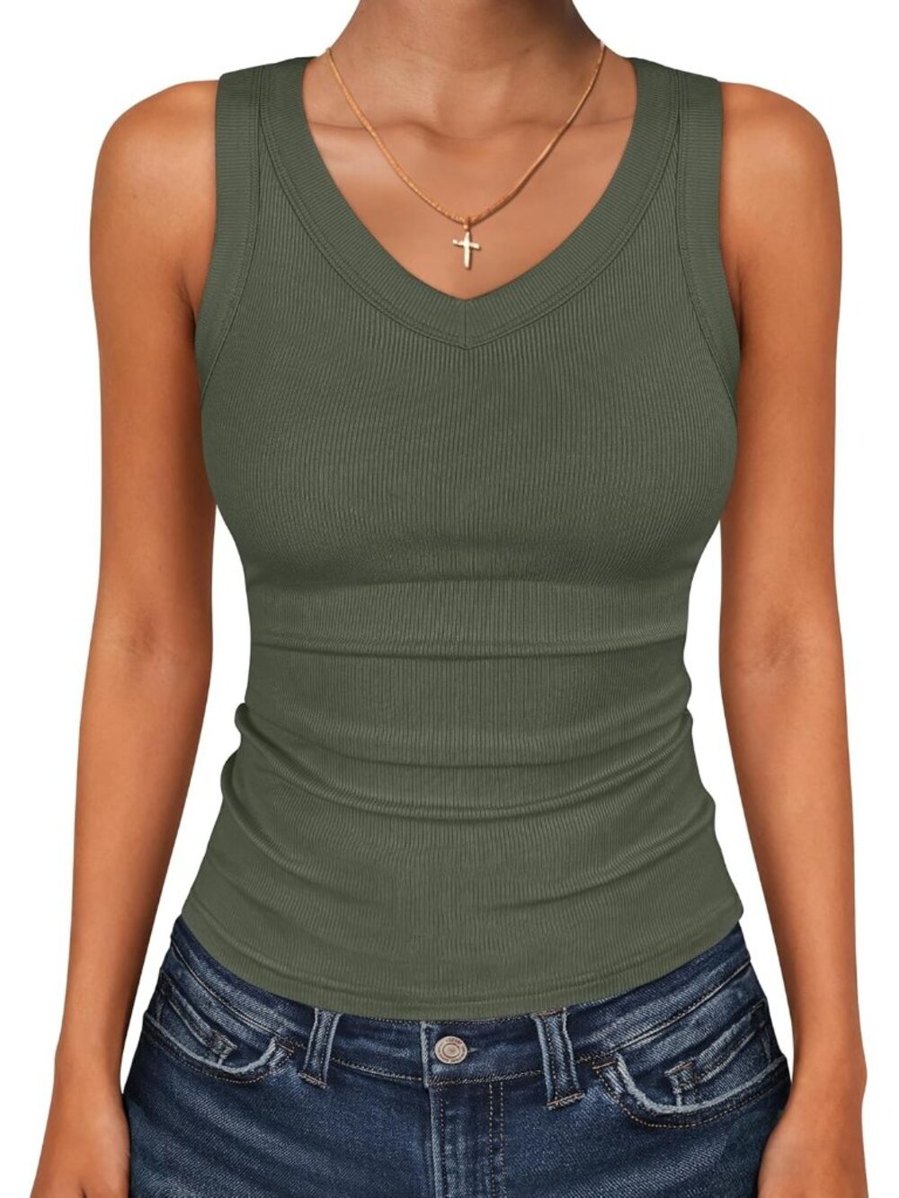 Women's Green V-neck Ribbed Knit Slim Fitted Sleeveless Summer Tank Top